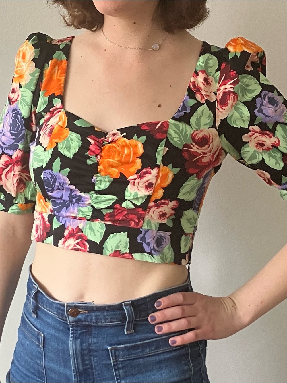 Zara Black Floral Square-Neck Crop Top